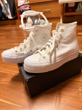 Converse White High Top Platform Sneakers with Gold Eyelets